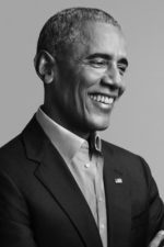 Barack Obama smiles, looking off the camera, wearing a black jacket and light shirt.